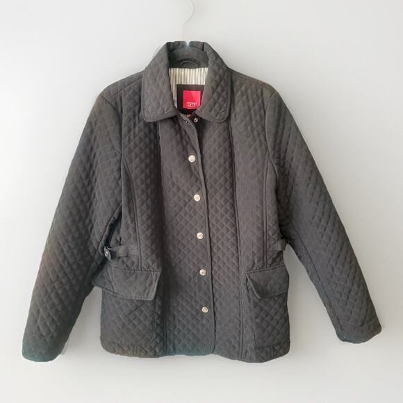 Vintage 90s ESPRIT XL Black Quilted JACKET Lined Collared Puffer Full Zip Pocket - Picture 1 of 6